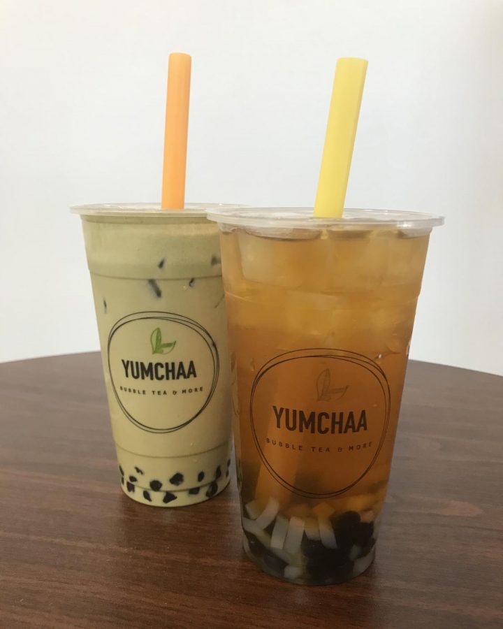 Matcha milk tea and Peach fruit tea from Yumchaa