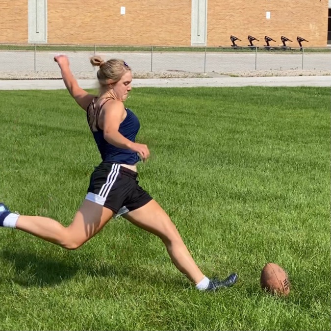 Dodenhof practices her kicking for the football season. After trial and error, she was able to kick a 45-yard field goal.