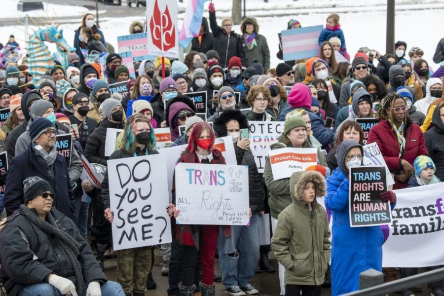 St. Paul, Minnesota. March 6, 2022. Because the attacks against transgender kids are increasing across the country Minneasotans hold a rally at the capitol to support trans kids in Minnesota, Texas, and around the country. (Photo by: Michael Siluk/UCG/Universal Images Group via Getty Images)