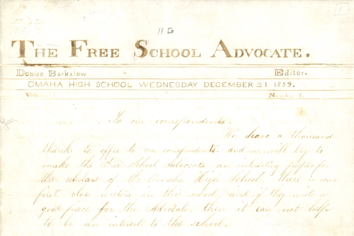 The cover of the December 1859 issue of The Free School Advocate featuring the newspaper’s motto