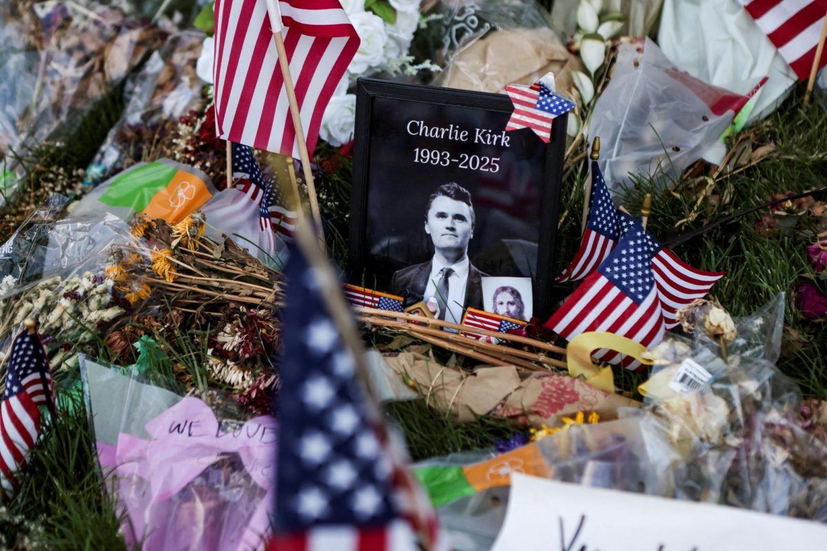 An image of slain conservative commentator Charlie Kirk is placed at a memorial in his honour, at Utah Valley University in Orem, Utah, U.S., September 29, 2025.  REUTERS/Jim Urquhart