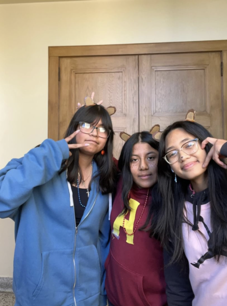 Starting from the left, senior Gaby Antunez, senior Jasmin Gutierrez, and senior Leah Bweh pose for photo dressed as Alvin and the Chipminks