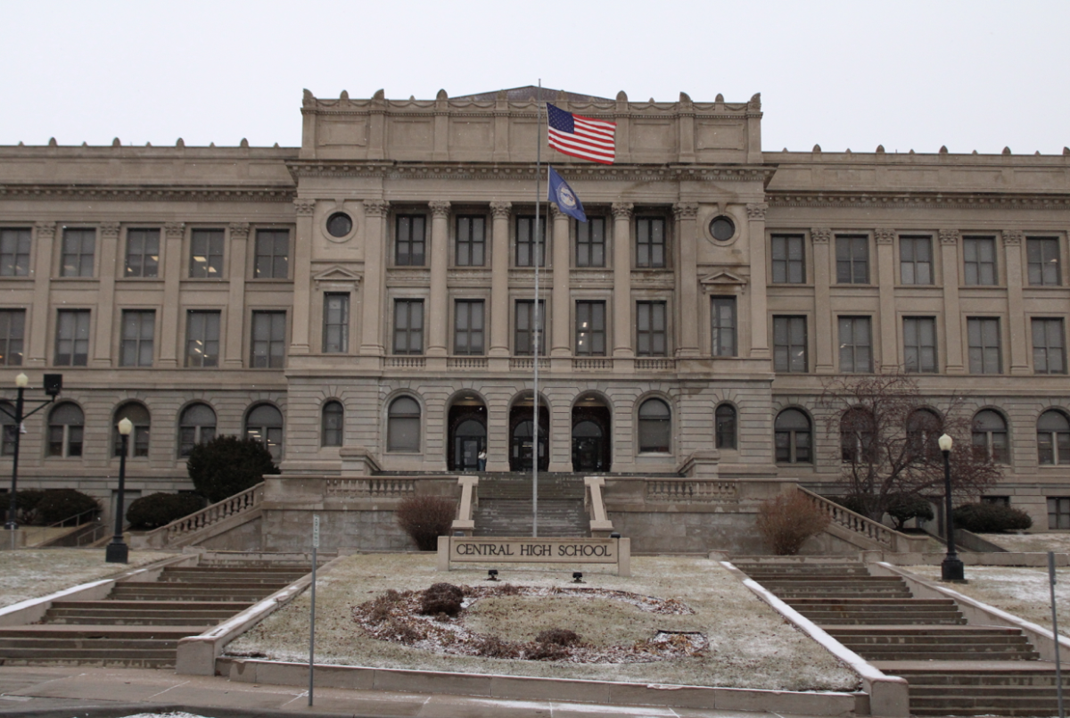 Central High school facing Dodge street with a light layer of snow on the ground