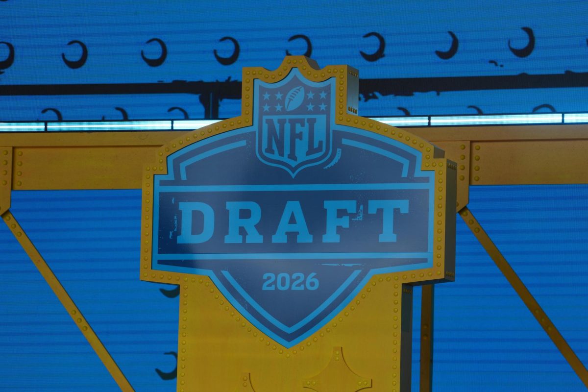 Apr 23, 2026; Pittsburgh, PA, USA;  The 2026 NFL Draft logo on the theater stage at Acrisure Stadium.  Kirby Lee-Imagn Images